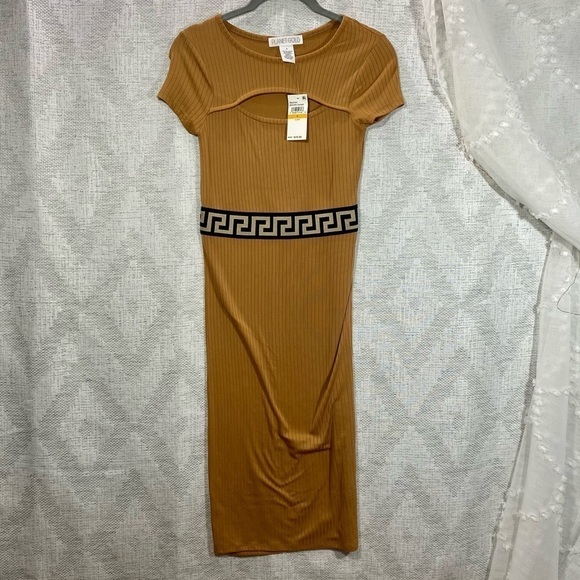 NWT Planet gold tan ribbed bodycon midi dress size S - Picture 1 of 3